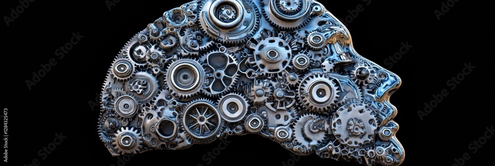 Aufkleber Human head contour filled with interlocking gears and cogs symbolizing the concept of artificial intelligence and machines. Generative AI