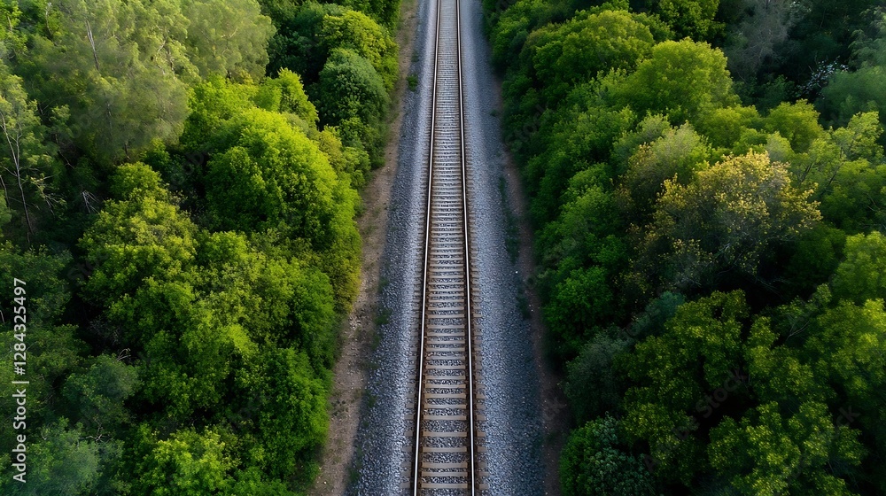 Poster aerial view of railway tracks surrounded by lush green trees : generative ai