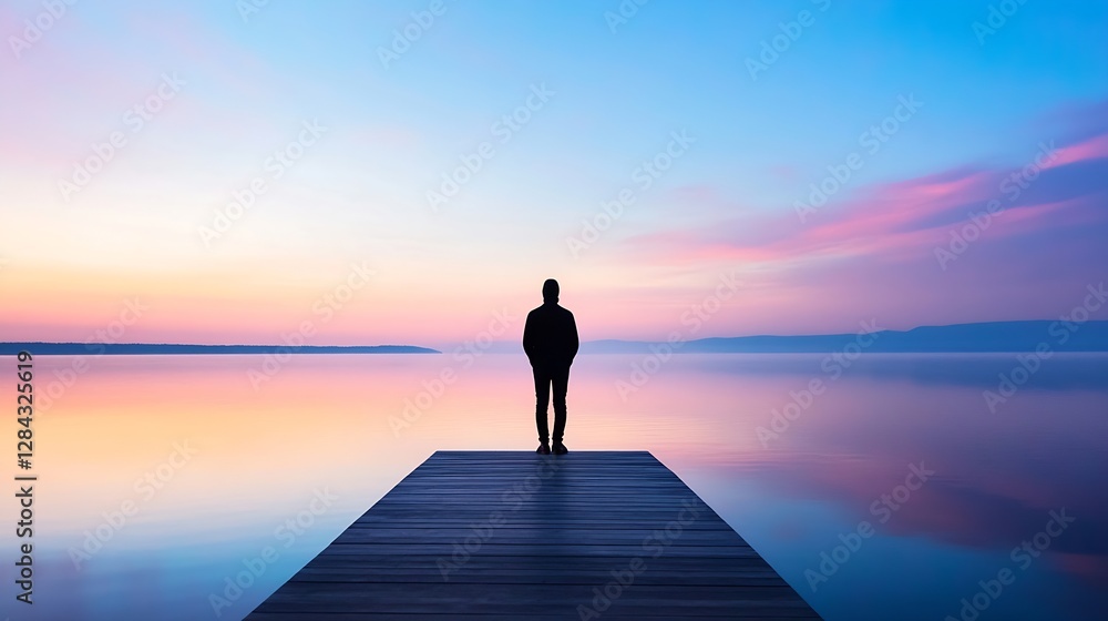Aufkleber silhouette of a person standing on a dock facing a calm reflective lake at dawn : generative ai