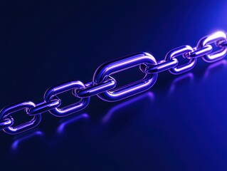 Obraz premium Close-up of a shiny metal chain link illuminated with neon blue light, symbolizing strength and connection.