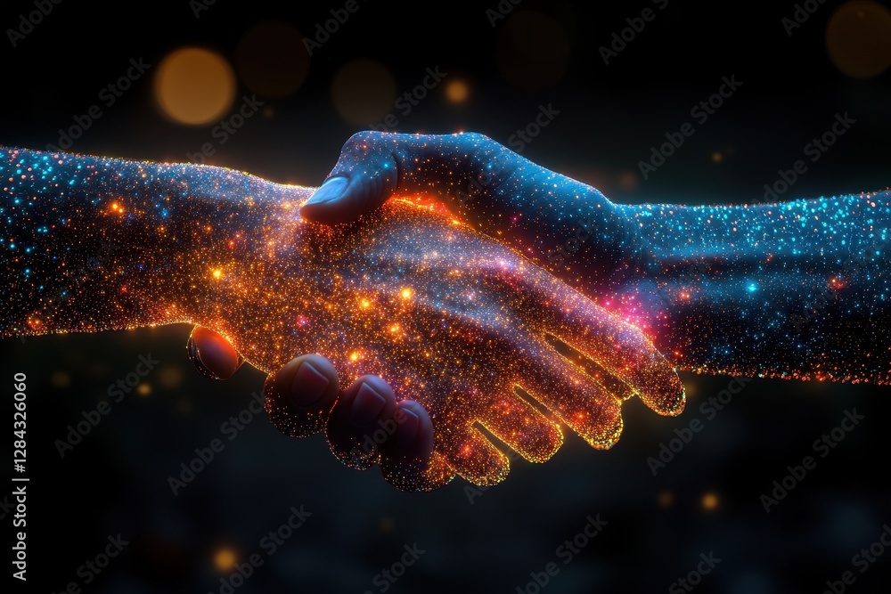 Poster multicolored hands shaking with a cosmic glow represent unity and connection in a digital universe