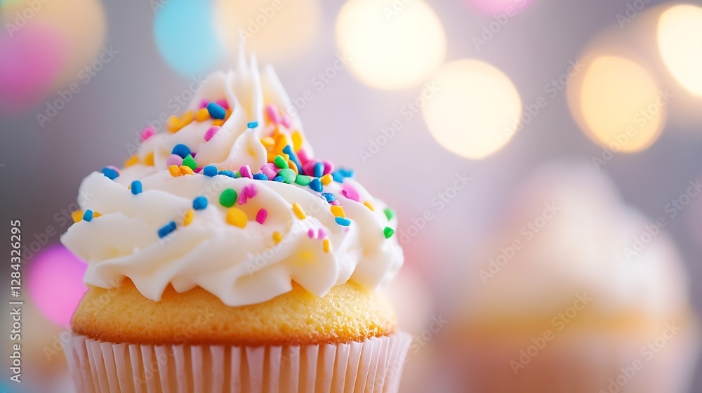 Poster delicious cupcake topped with smooth white frosting and colorful sprinkles on a blurred festive back