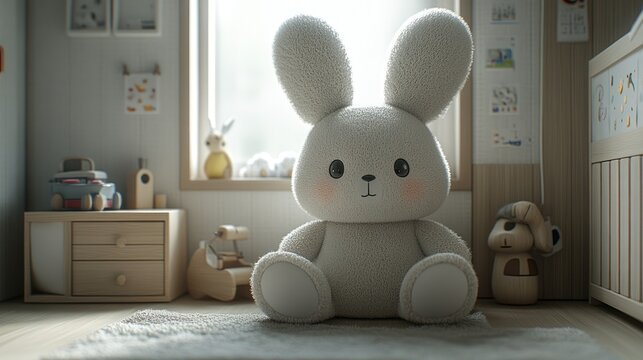 Cute plush rabbit toy in a cozy children's room
