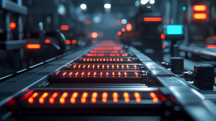 A high-tech conveyor belt system with glowing red lights, set in a modern industrial environment.