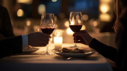 Moderate drinking at an intimate restaurant with candlelight. Featuring romance and fine dining
