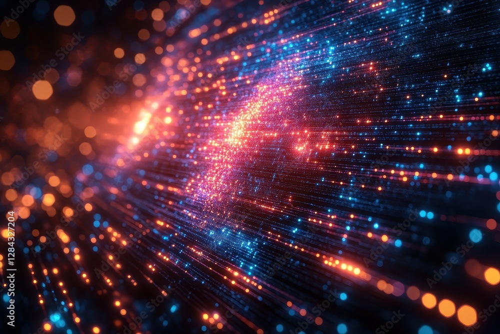 Poster colorful light trails create a dynamic visual experience in an abstract digital landscape