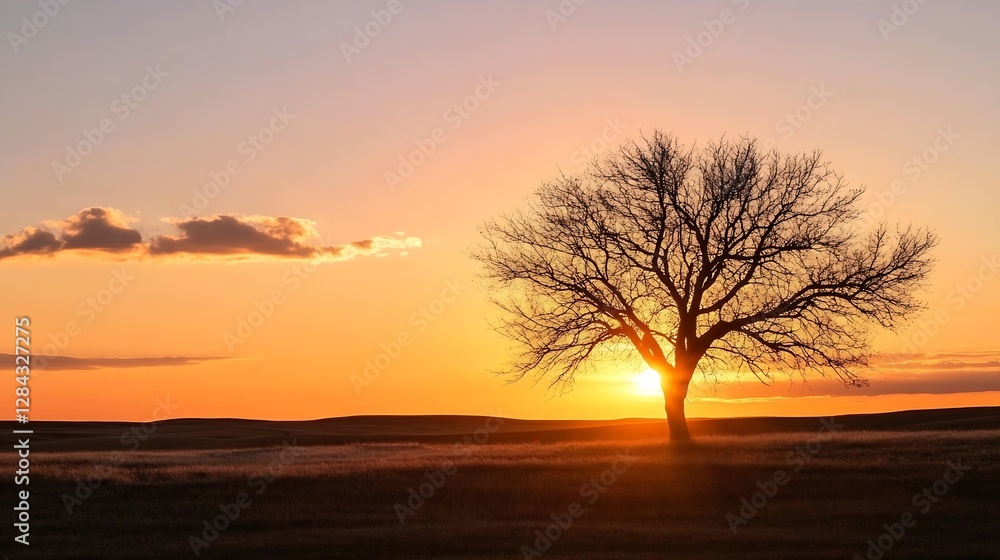 Poster Elegant tree at sunset with intricate branches silhouetted against a colorful sky and vast fields : Generative AI