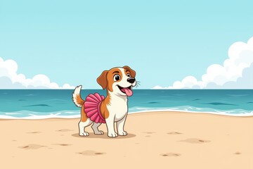 Dog wearing tutu stands happily on beach with ocean in background. Concept showcases joy and playfulness of dog wearing tutu in sunny outdoor setting.