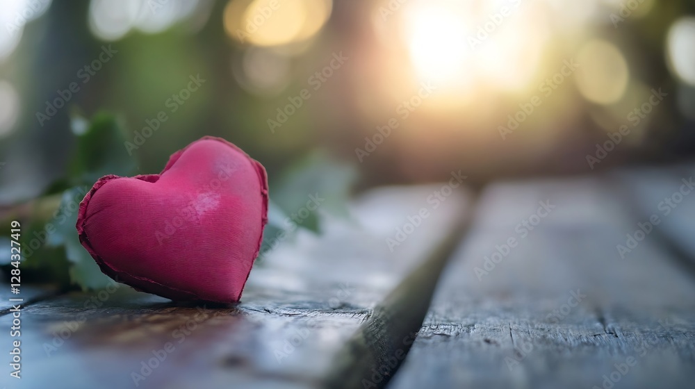 Poster charming closeup of a pink heartshaped decoration resting on a wooden surface with soft bokeh backgr
