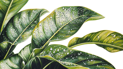 Lush Tropical Leaves with Realistic Water Droplets Against a Soft Cream Background