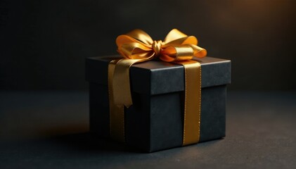 Obraz premium Golden ribbon wrapped around a black gift box, box, luxurious