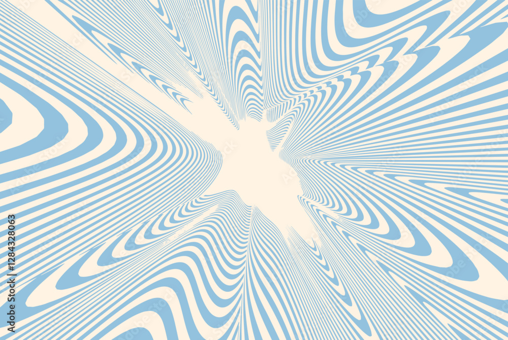 Poster abstract optical illusion background with blue and beige wavy lines creating a dynamic vortex effect