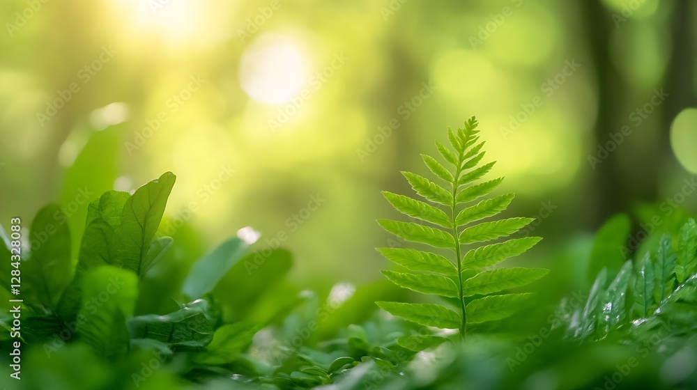 Poster closeup view of vibrant green ferns and foliage illuminated by sunlight creating a serene natural am