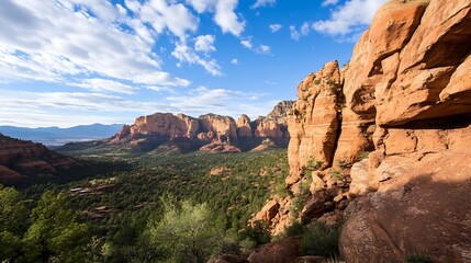 Stunning rocky landscape with majestic red cliffs and lush greenery under a vivid blue sky in a desert setting : Generative AI