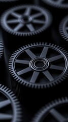 Close-up of black gears showcasing intricate details and mechanical engineering.