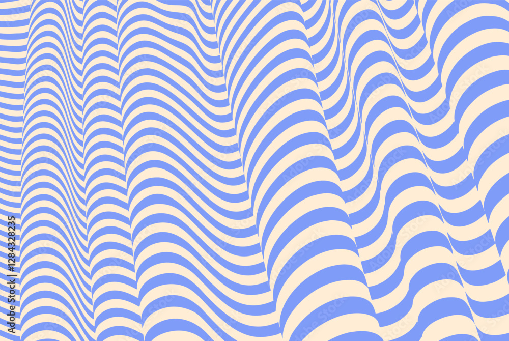 Poster abstract wavy pattern with blue and beige curved lines creating an optical illusion of depth and flu