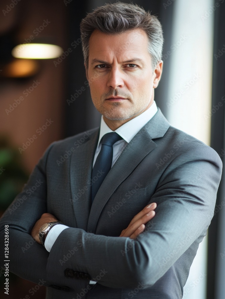 Poster business professional standing confidently in office setting during daytime with serious expression.