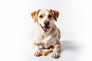 Obraz premium Happy dog with bone sits on white background, showcasing its playful spirit. Concept highlights joy of pets, featuring dog with bone in cheerful atmosphere.