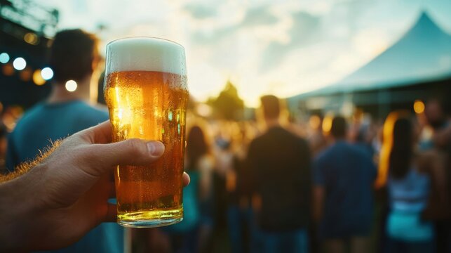 Moderate drinking at an outdoor concert, enjoying a craft beer with fellow concert-goers. Featuring energy and community