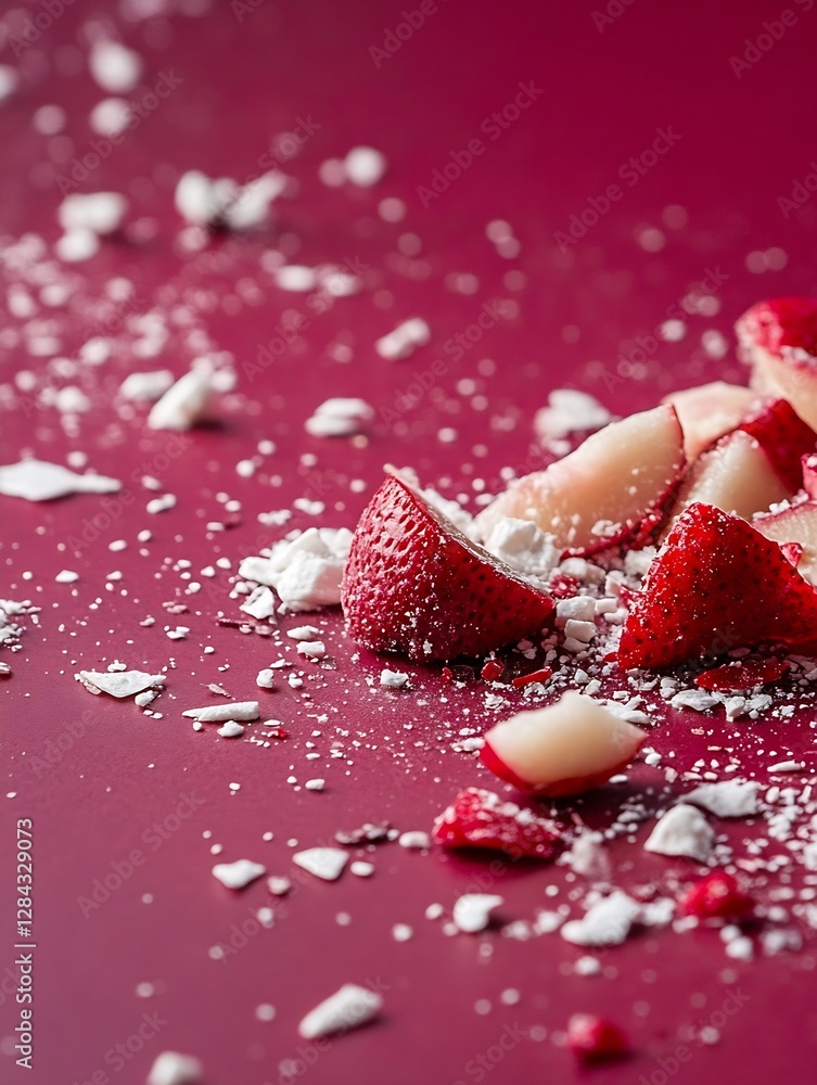 Aufkleber artistic close up of fresh strawberries and crushed pieces on a textured red surface background : ge
