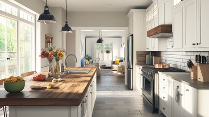 Sunny kitchen, island, open plan, living room view, home design