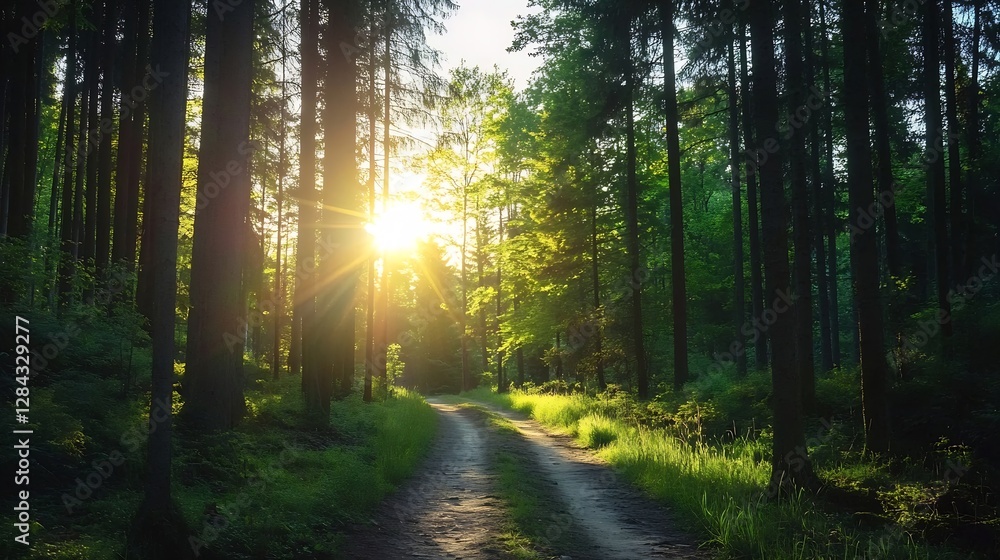 Poster Serene forest path illuminated by sunlight filtering through tall trees : Generative AI