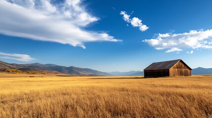 Rustic Barn Surrounded by Golden Grasslands with Mountains and Blue Sky in the Background : Generative AI