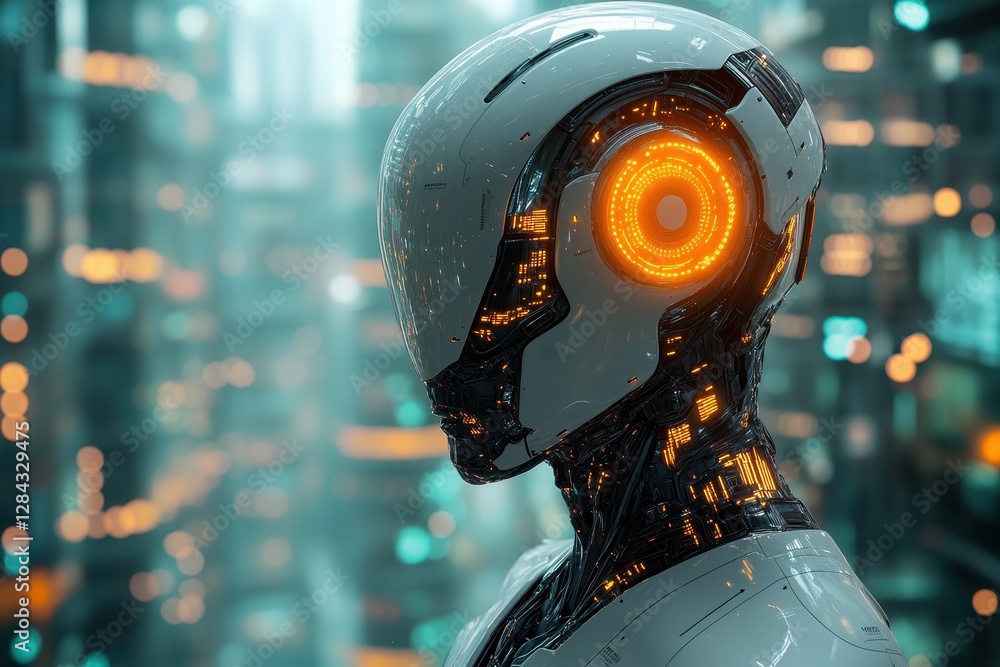 Poster futuristic humanoid robot with glowing features standing in a high-tech urban environment filled wit