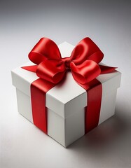 Obraz premium Caja de regalo Blanca, con un lazo rojo en las esquinas fondo blanco neutro
