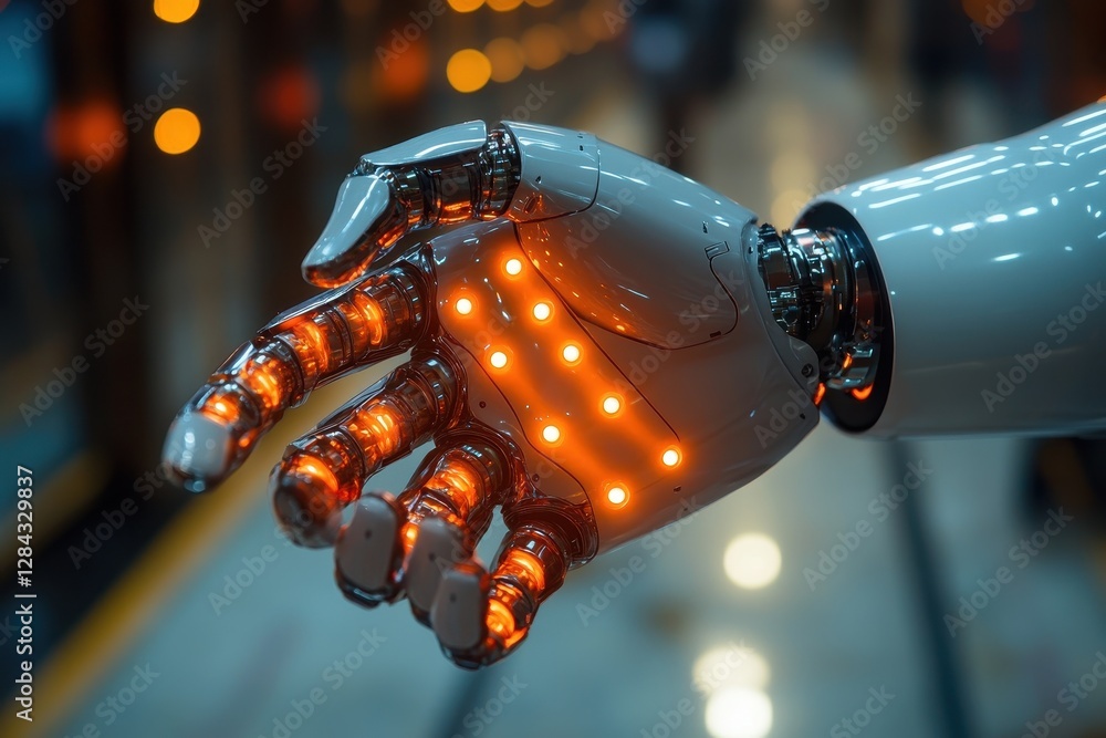 Poster unique robotic hand illuminated with orange lights showcasing advanced technology in a modern settin