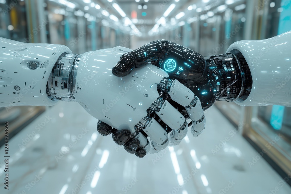 Poster robots engage in a handshake showcasing advanced technology in a futuristic urban setting