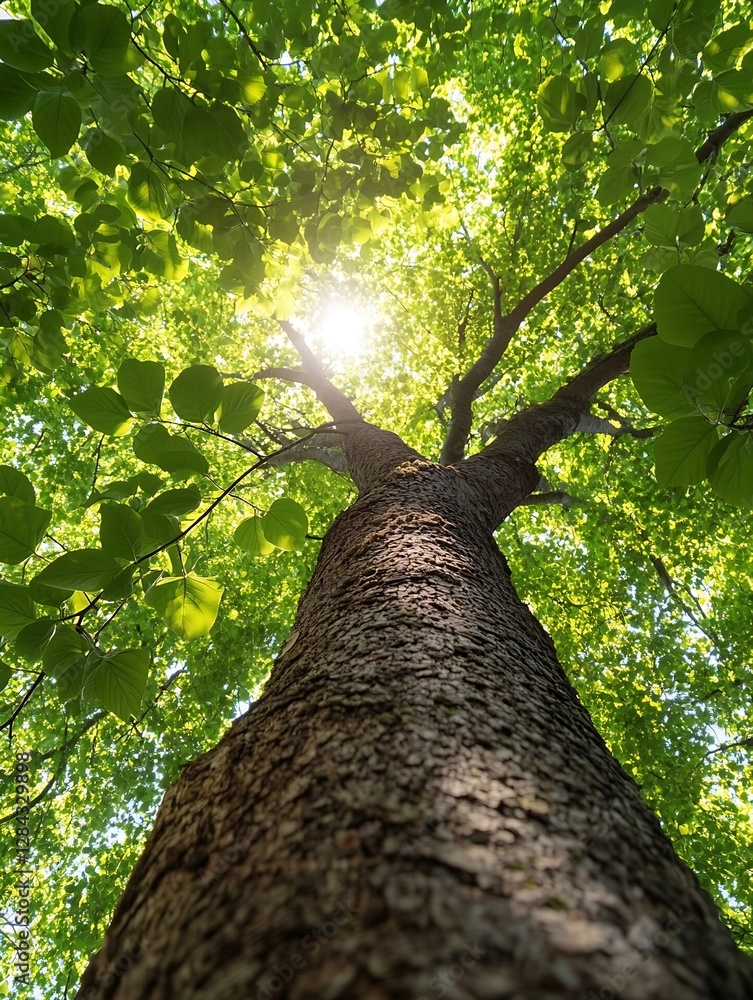 Aufkleber Majestic tree viewed from below with sunlight filtering through lush green leaves creating a serene atmosphere : Generative AI