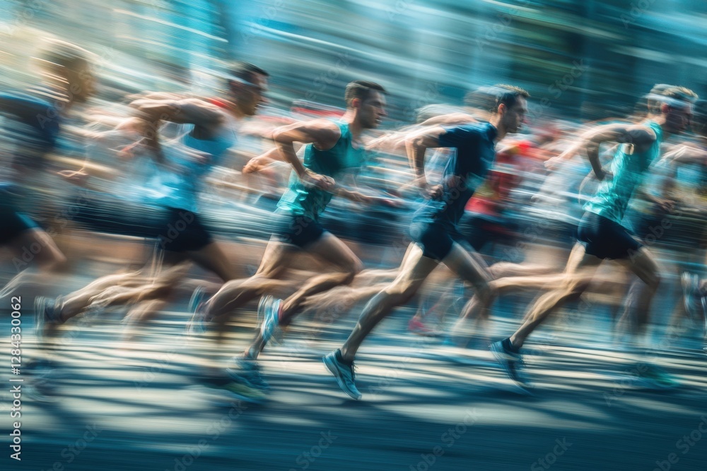 Aufkleber Runner transformation from tired beginner at start line to strong victor crossing finish line with high energy motion blur. Generative AI