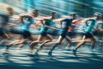 Runner transformation from tired beginner at start line to strong victor crossing finish line with high energy motion blur. Generative AI