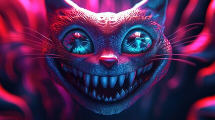 Glowing cheshire cat with neon colors and grinning expression in fantasy setting