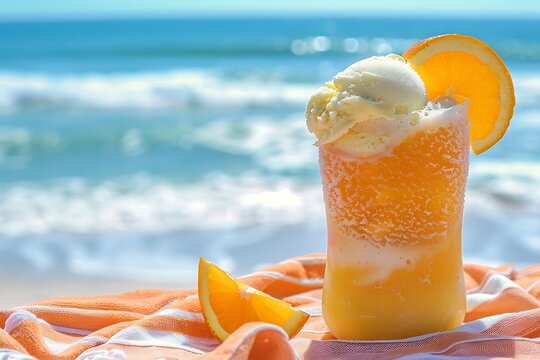 A vibrant orange creamsicle float with vanilla ice cream, set on a beach towel with the ocean and sand in the background.