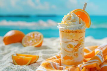 A vibrant orange creamsicle float with vanilla ice cream, set on a beach towel with the ocean and sand in the background.