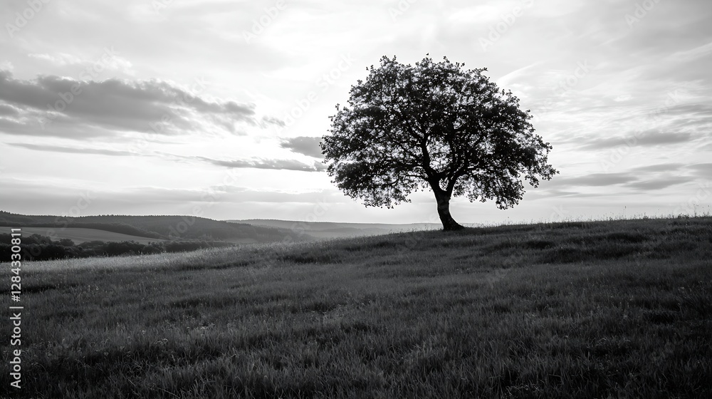 Poster Solitary tree standing in a vast open field under a dramatic sky in black and white : Generative AI