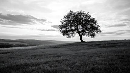 Fototapeta premium Solitary tree standing in a vast open field under a dramatic sky in black and white : Generative AI
