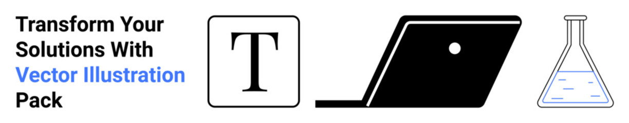 Bold letter T, minimalist laptop, and lab flask with liquid emphasize typography, tech innovation, and scientific exploration. Ideal for education, design, tech, science learning research