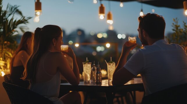 Moderate drinking at an outdoor terrace, enjoying gin and tonic under the stars. Featuring relaxation and nature
