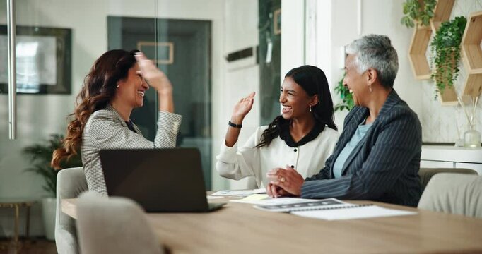Business women, high five or team celebrate success, project completion or milestone achievement in office. Group, cheers or hands together with document for funding approval, clap or excited for win