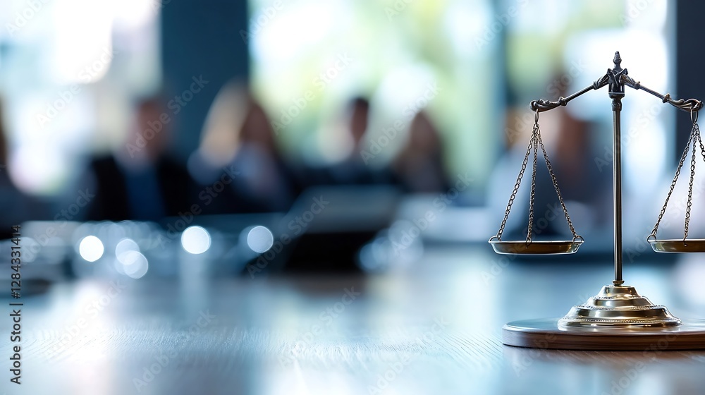 Poster symbol of justice illustration with scales and blurred background in a professional setting : genera