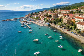 Aerial view of the beautiful seafront in Volosko district of Opatija, Croatia
