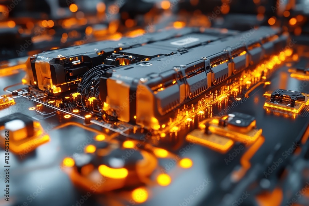 Poster close-up view of a circuit board with glowing components and intricate details highlighting modern t