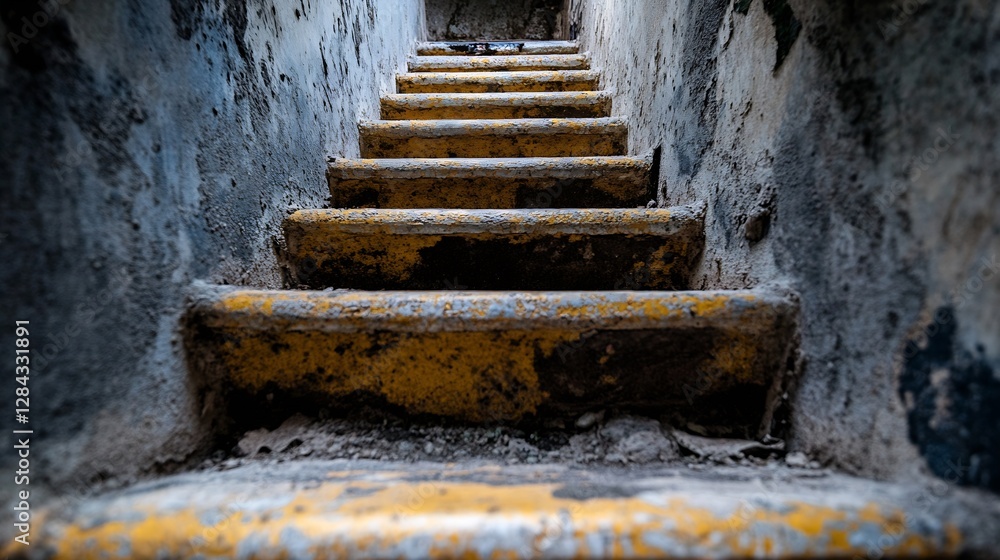 Aufkleber view looking up an old worn staircase with a rustic charm filled with history : generative ai