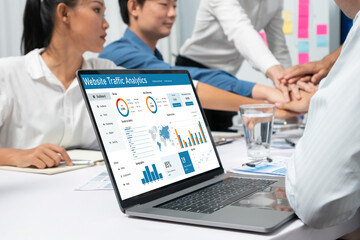 Computer software for website traffic analytics data on computer screen. Concept of SEO search...