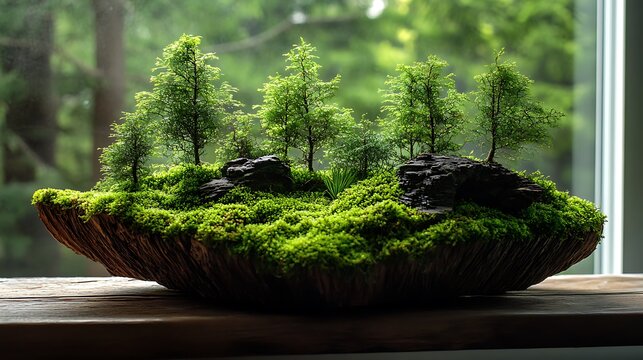 A beautiful forest scenery with pine trees and green moss - Powered by Adobe