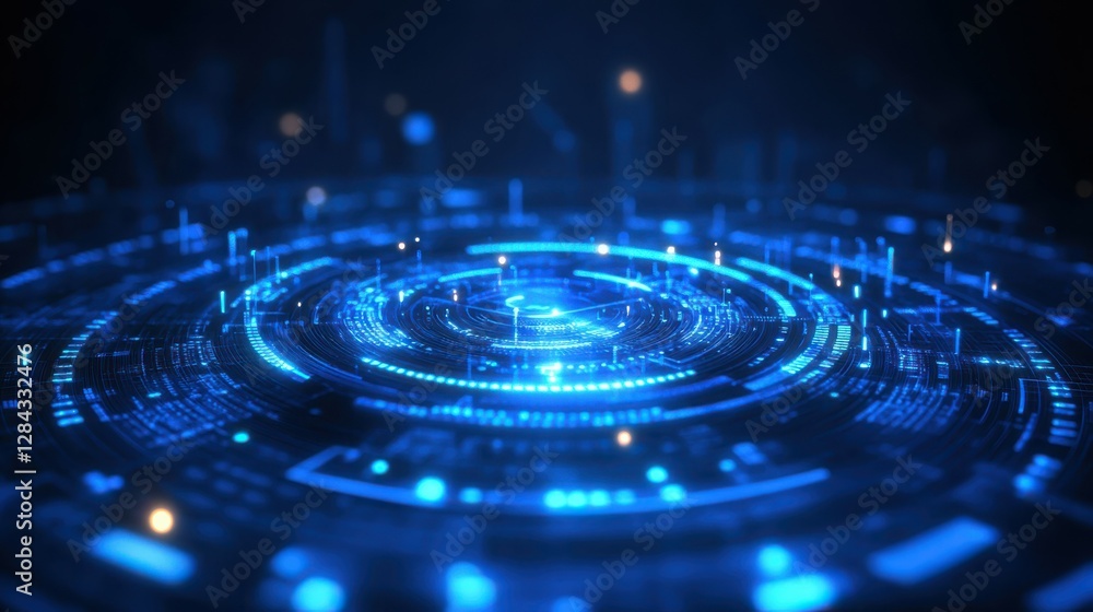 Poster glowing blue futuristic digital interface with radiating circular patterns