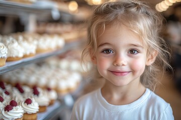 Young girl smiles in bakery filled with colorful cupcakes and pastries during a delightful afternoon visit